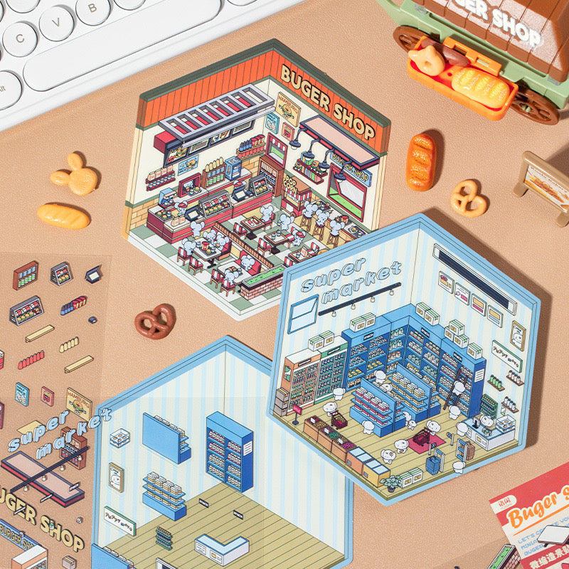 Miniature Scenes 3D Sticker - Coffee house / Supermarket / Burger Shop / Cat cafe [YX-1]