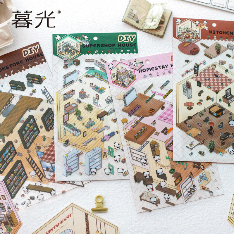 Miniature Scenes 3D Sticker - Panda Series Swimming pool / Market / Kitchen / Homestay / Cafe / Bookstore [MG-1]