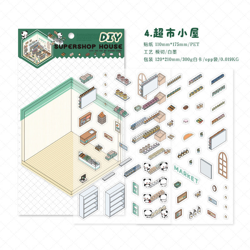 Miniature Scenes 3D Sticker - Panda Series Swimming pool / Market / Kitchen / Homestay / Cafe / Bookstore [MG-1]