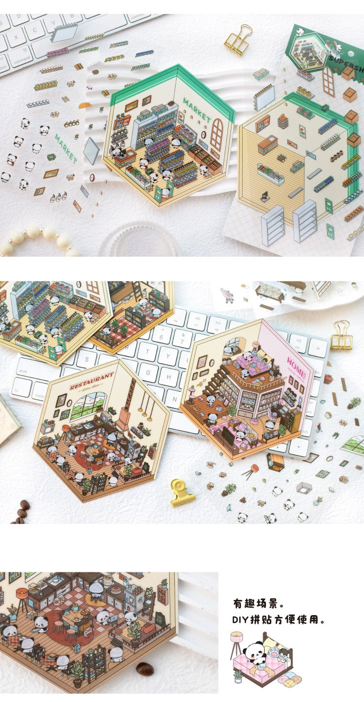 Miniature Scenes 3D Sticker - Panda Series Swimming pool / Market / Kitchen / Homestay / Cafe / Bookstore [MG-1]