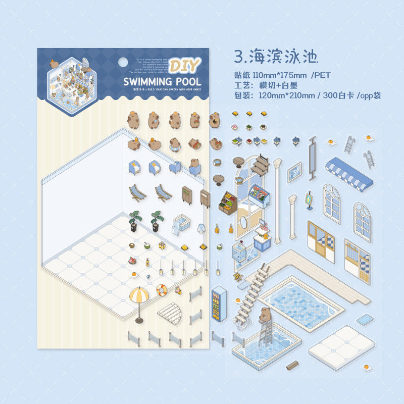 Miniature Scenes 3D Sticker - Panda Series Swimming pool / Market / Kitchen / Homestay / Cafe / Bookstore [MG-1]