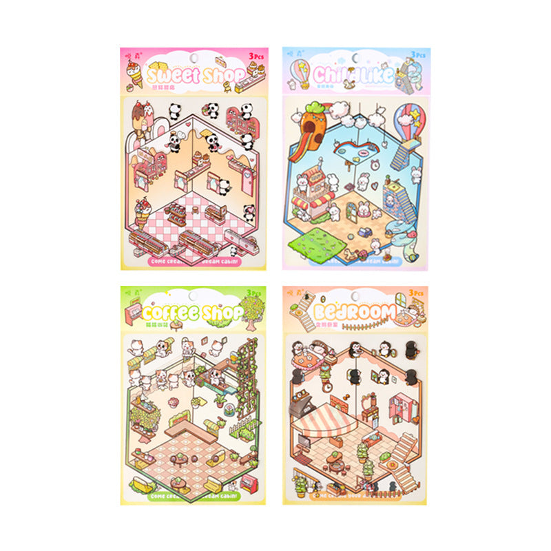 Miniature Scenes 3D Sticker - Panda / Bunny / Kitten / Penguin [YZ-1]